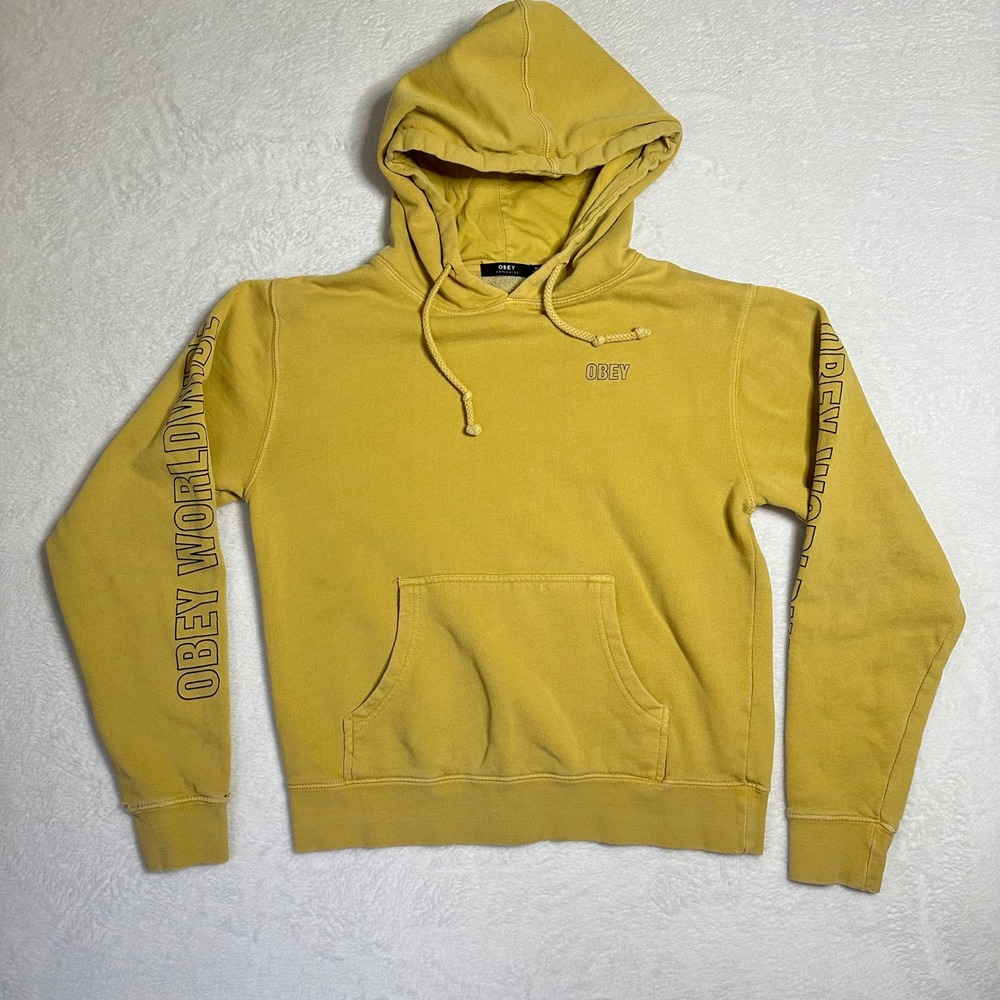 Obey Worldwide Mustard Yellow Graphic Hoodie Mens M Streetwear Pullover Skater